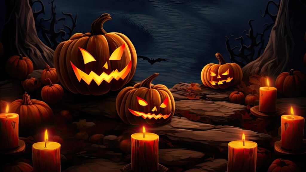 Halloween background with scary pumpkins candles in the graveyar